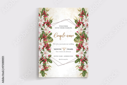 WEDDING INVITATION FRAME WITH FLOWER DECORATIONS AND FRESH LEAVES