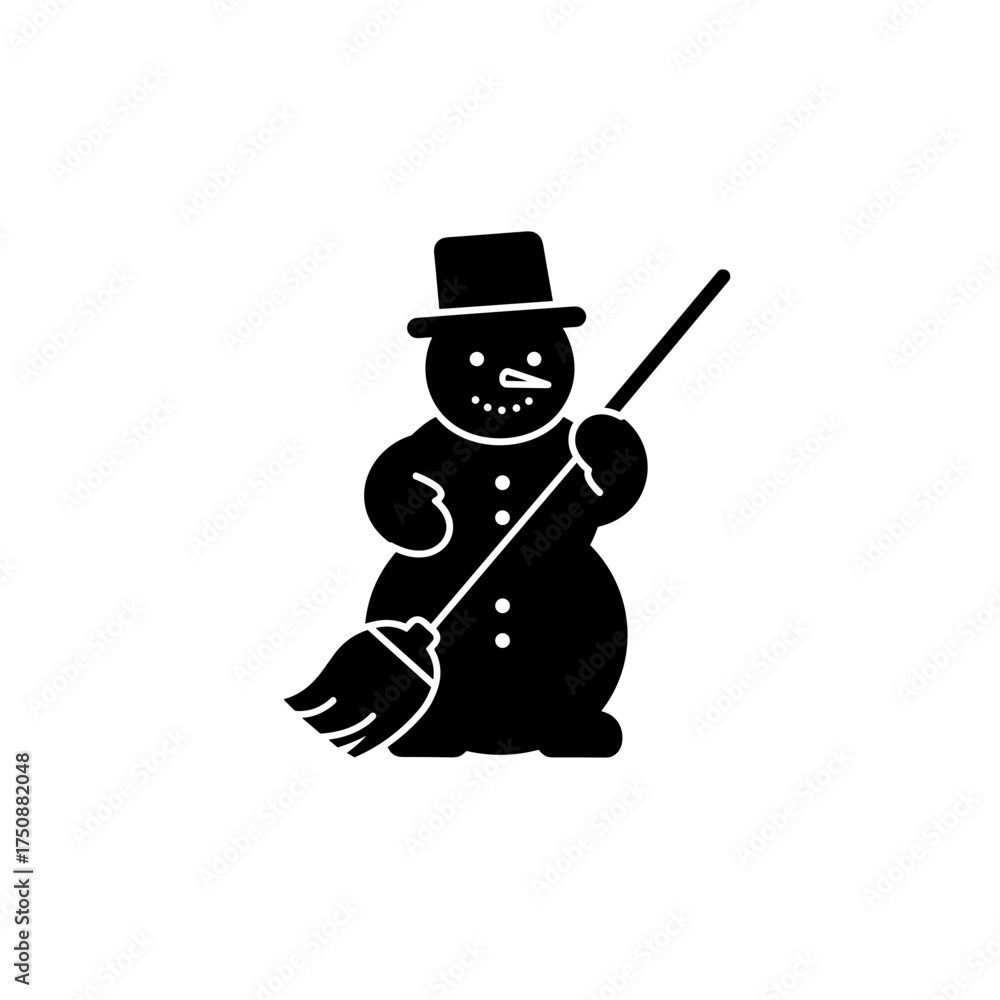 Obraz premium Snowman with broom icon in black for winter holiday decoration