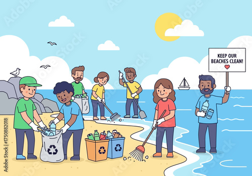 Illustrative Scene of Dedicated Volunteers Participating in a Beach Cleanup, Promoting Environmental Conservation and Waste Management on a Sunny Day