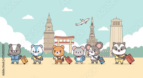Adorable animal friends on a global adventure, a group of cute characters traveling together to international landmarks