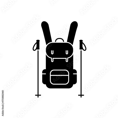 Hiking backpack icon with poles in black for outdoor and travel content