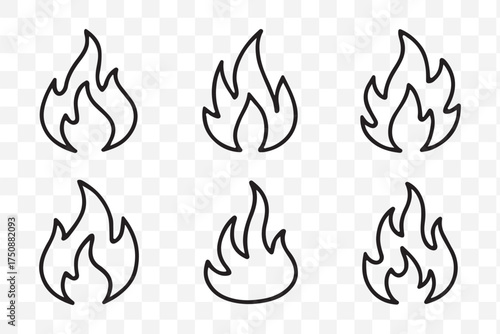 Fire flame flat icon set. Bonfire silhouette logotype. Burning fire flame icons collection isolated on transparent background. Campfire element vector illustration.