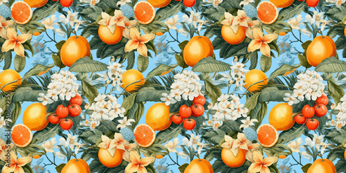Fruit and leaves pattern in bright summer style illustration ideal for textile design clothing wallpaper wrapping paper and decorative projects