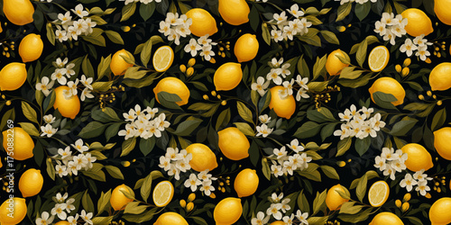 Fruit pattern with citrus lemon and flower on deep background perfect for fabric clothing bed sheet pattern wallpaper and tropical textile design