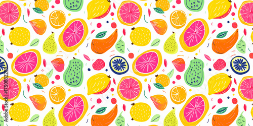 Hand drawn colorful fruit pattern illustration ideal for clothing fabric wallpaper cover pattern and decorative textile design with vibrant artistic tropical style