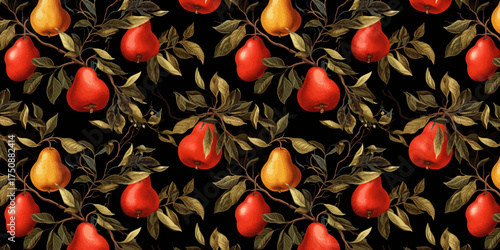 Seamless pattern with fruits and leaves in dark background ideal for modern textile fashion clothing wallpaper and decorative summer design