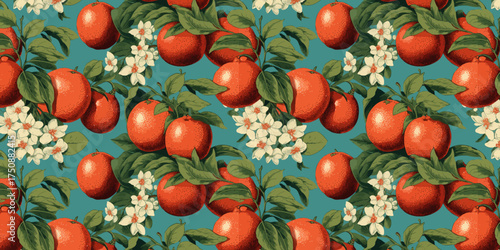 Seamless pattern with trendy hand drawn fruits including oranges lemons peaches and strawberries perfect for modern abstract textile paper and fabric design