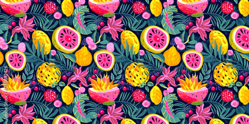 Vibrant colorful summer fruit pattern with tropical leaves perfect for background textile clothing wallpaper and decorative modern designs