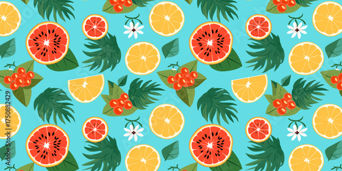 Tropical summer fruit seamless pattern ideal for garment fabric wallpaper clothing design and bright vibrant decorative tropical backgrounds