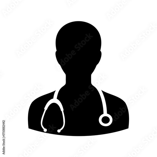 Silhouette of a doctor or medical professional with a stethoscope icon