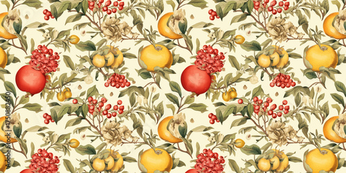 Vibrant hand painted fruit seamless pattern with colorful blooms flowers and fruits perfect for textile wallpaper clothing and tropical decor design