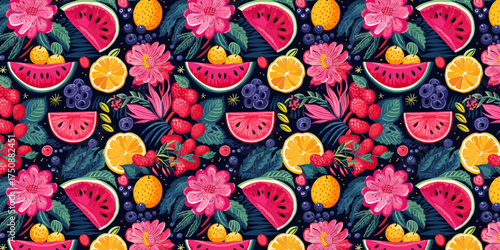 Vibrant fruit pattern featuring watermelon lemon and colorful fruits in tropical summer style ideal for fabric wallpaper and clothing designs