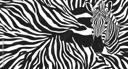 A striking black and white zebra blends into its striped surroundings in a natural habitat