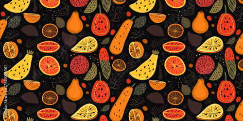 Vibrant seamless pattern featuring bold blue and yellow fruits with dark leaves on neutral beige background perfect for modern textile and decor design