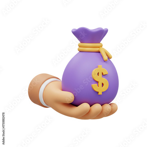 3D Hand Holding Purple Money Bag with Dollar Sign Generative AI