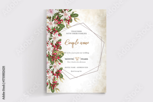 WEDDING INVITATION FRAME WITH FLOWER DECORATIONS AND FRESH LEAVES
