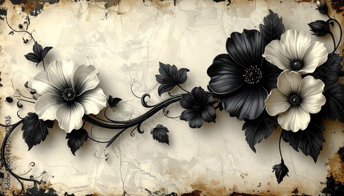 Black And White Floral Arrangement On Antique Background