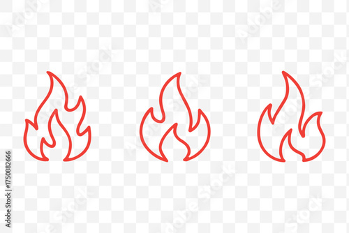 Fire flames icon set. Burning hot vector silhouettes on transparent background