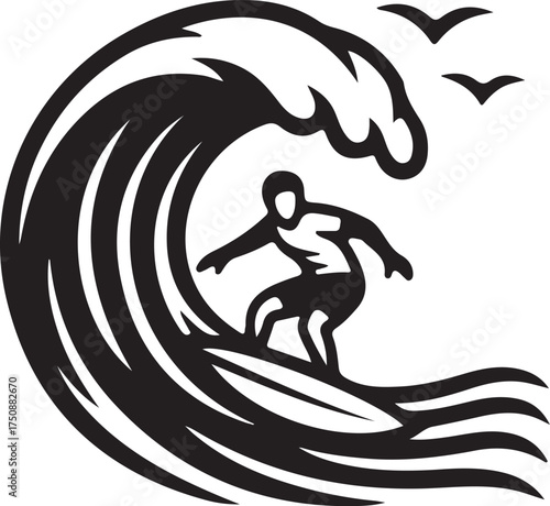 Surfer riding a large wave silhouette isolated on white background