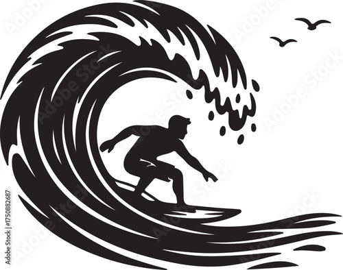 Surfer riding a large wave silhouette isolated on white background