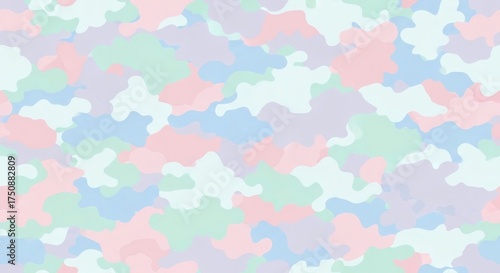 Soft pastel camouflage pattern featuring abstract shapes in pink, blue, and green hues