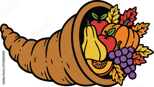 Cornucopia overflowing with autumn harvest on a white background