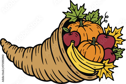 Cornucopia overflowing with autumn harvest on a white background