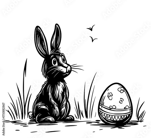 A silhouette of a rabbit seated next to an Easter egg on grass serves as a symbol for the Easter celebration