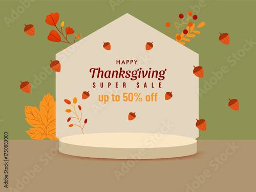 Thanksgiving poster, banner and web header template. Vector 3d pedestal podium product sale fall illustration