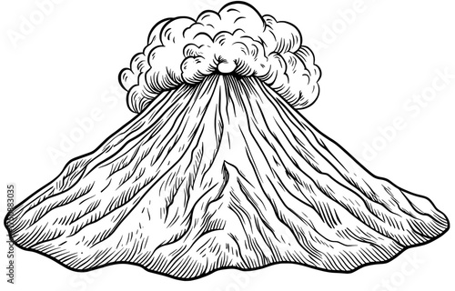 Black and white artwork illustrates an erupting volcano, with smoke and ash clouds rising into the air