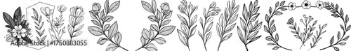 Collection of six black floral wreath silhouettes incorporating a range of botanical components