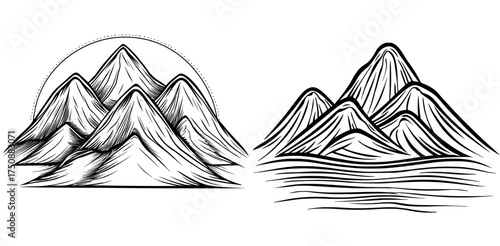 Black and white hues define this minimalist mountain logo, which boasts sharp peaks and a circular foundation
