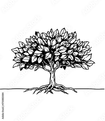 The tree's black silhouette features intricate branches and roots, embodying the concepts of nature and growth
