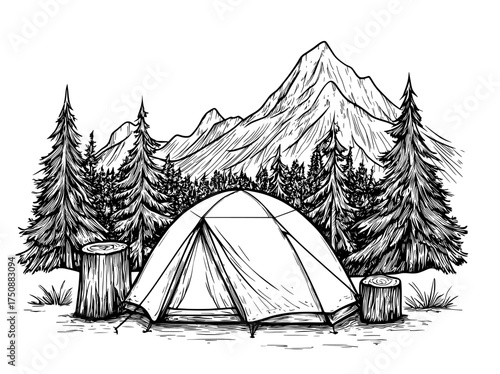 Illustration in black and white depicting a tent surrounded by mountains and pine trees, ideal for themes related to outdoor adventures