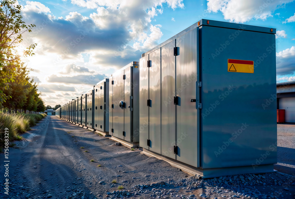 Fototapeta premium Row of outdoor electrical equipment cabinets at industrial site. Space for text.