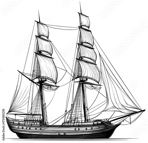 On the ocean, a historic sailing ship with its sails fully extended is captured in silhouette, representing nautical adventure