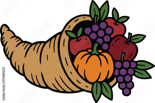 Cornucopia overflowing with autumn harvest on a white background