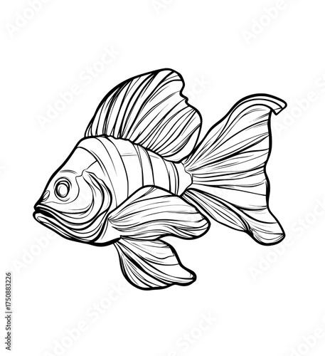 The silhouette of a scallop shell in black and white features decorative linear patterns