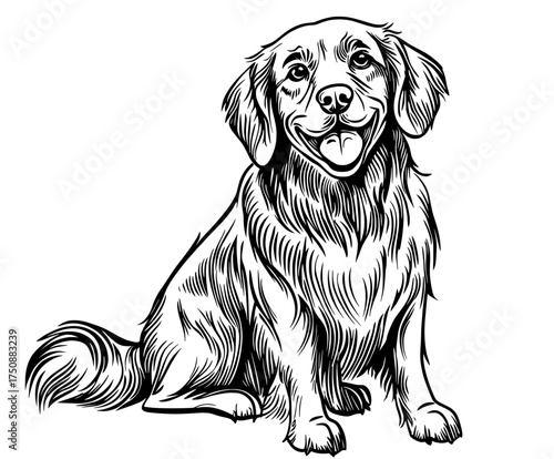 Black and white silhouette artwork depicts a sitting dog with its tongue protruding