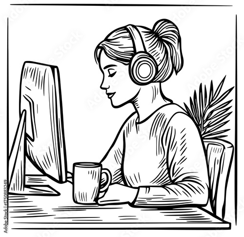 A desk holds a computer, coffee, and a woman wearing headphones, all visible as a silhouette