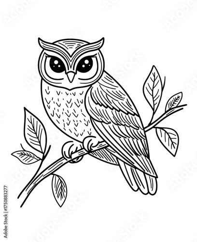 Detailed feathers are visible on the black and white silhouette of an owl sitting on a tree branch