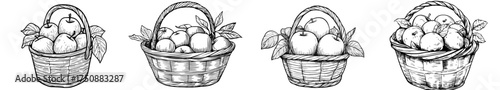 A decorative basket filled with apples is set against a black and white backdrop, complete with leaves and an intricate design