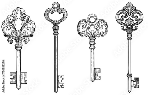 An ornate vintage key silhouette is set against a white background with an intricate decorative design