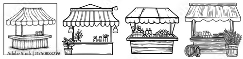 A market stall is depicted in a black and white silhouette, complete with an awning and a display of merchandise