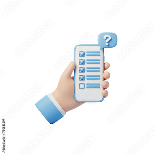 3D illustration of hand holding smartphone with checklist and question mark icon, survey and feedback concept isolated on white background Generative AI