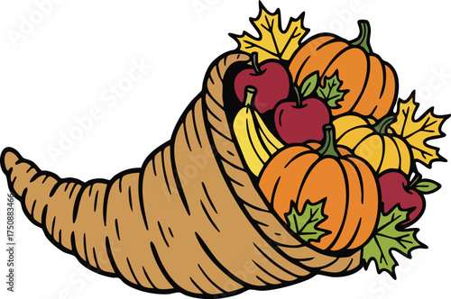 Cornucopia overflowing with autumn harvest on a white background