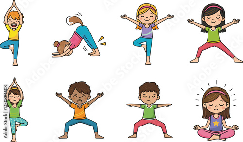 Cartoon kids doing yoga poses, mindfulness for children, healthy lifestyle, stretching exercise, colorful outfits, balance, flexibility, wellness, fitness, calm, peaceful, meditation, tree pose,