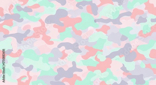 Abstract pastel camouflage pattern with soft shapes in shades of pink, green, and purple