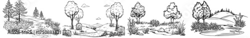 A serene nature scene featuring a pond and various plants is depicted in black and white silhouette