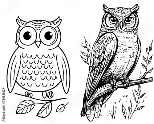 The illustration shows a black and white owl silhouette with large eyes and intricately detailed feathers
